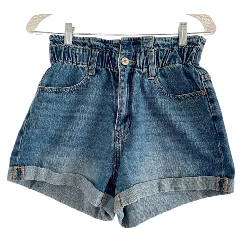 KANCAN Women's Blue Dark Washed Cuffed Elastic Waist Jean Shorts-MEDIUM